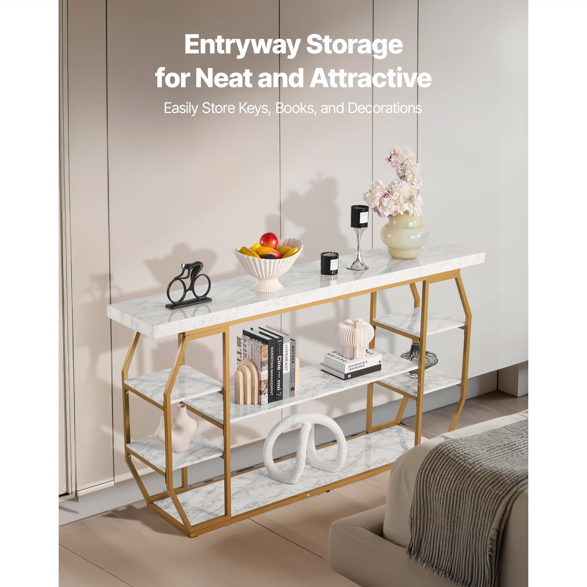 3 Tiers Marble Console Table Modern Golden Geometric Large Console Table_voghion.com